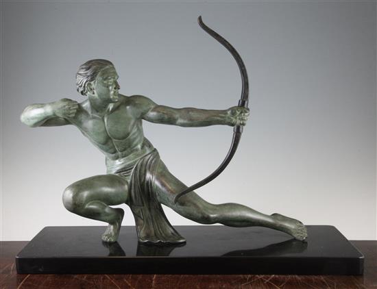 A French Art Deco patinated metal model of a male archer, 23.5in.